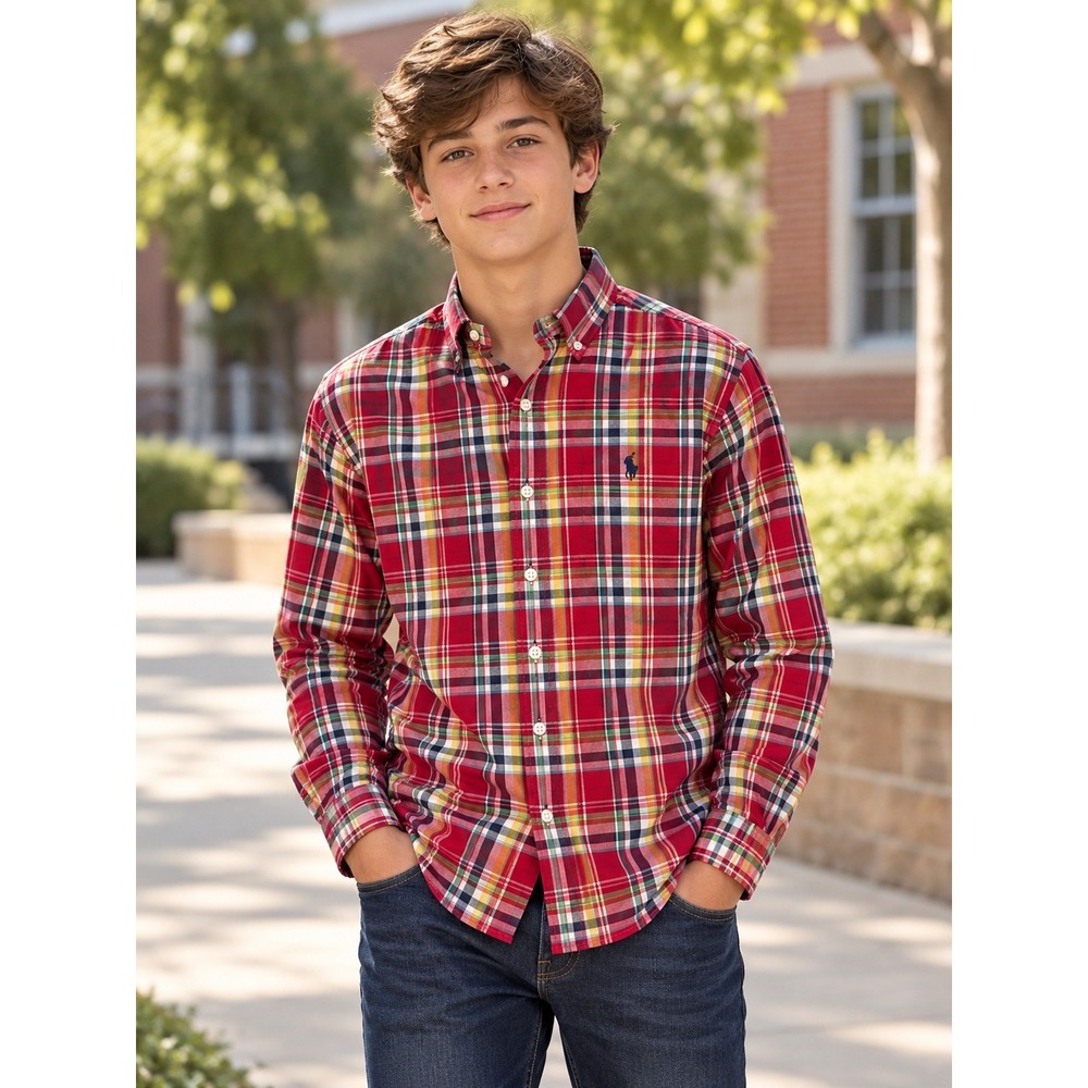 Ralph Lauren Boys XL 18-20 Red Plaid Button Down Shirt Long Sleeve Cotton Pony